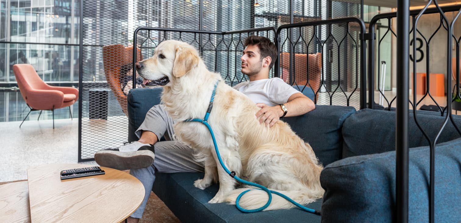 Image showing a man and a dog sitting in a sofa in the Citybox lobby.